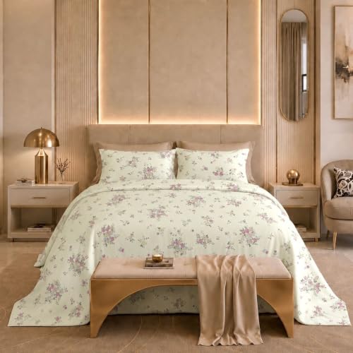 Image of Jaipur Weaves Cotton Percale King Size Bedsheet 108x108 Super King, 100% Pure Cotton Bed Sheet with 2 Pillow Covers, 300 TC Soft Breathable Floral Design Bedding (Floral Pink, Super King)