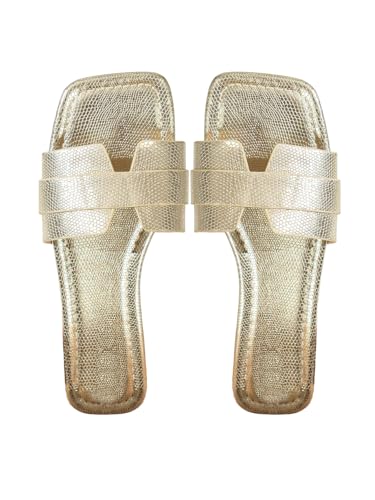 GORGLITTER Women's Gold Flat Sandals Dressy Metallic Leather Square Toe Summer Beach Slip on Slides 2025