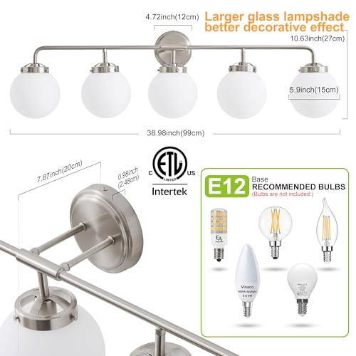 Image of Bathroom Light Fixtures 39in 5-Light Brushed Nickel Vanity Light for Mirror | Bathroom Lighting Fixtures over Mirror, ETL, Brushed Brass Wall Sconce, Dimmable E12 Base Max 60W, Milky Glass Ball Shades
