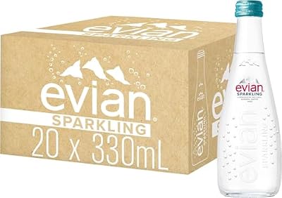 evian Sparkling Carbonated Natural Mineral Water 330ml Glass Bottle, Case of 20 Bottles
