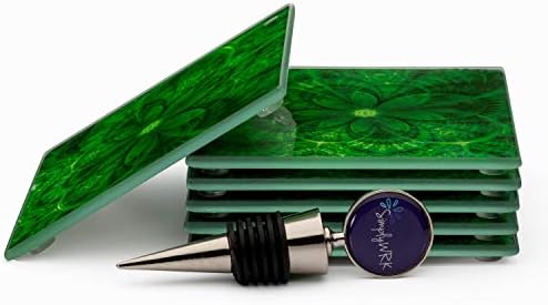 Coaster Set 6 Square Glass Coasters Green Flower Design, Large Size 4x4, Suit Indoor Outdoor Kitchen Dining Bar, Non-Slip Silicon Feet Protects Furniture, Ideal for Wine Glass, Tea or Coffee Cups