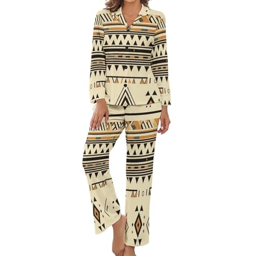Pyjama femme 2 pièces à imprimé géométrie rétro tribale et col revers