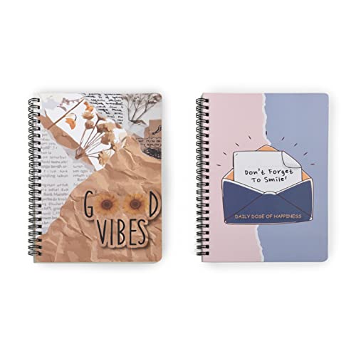 Image of PAPBOO A5, Easy to Carry, Good Vibes & Smile, Spiral Wiro Notebook : 100 GSM Natural Shade Paper, Dot Grid, 2 * 120 Pages, Journal, Diary, Gift