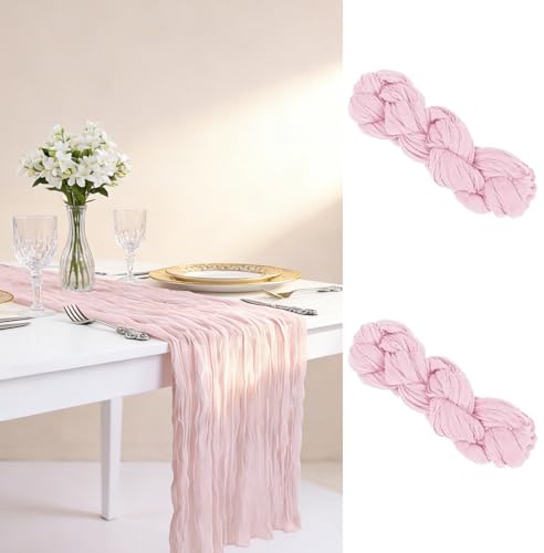 2 Pcs Pink Table Runner Cheesecloth Table Runner Pink Birthday Parties Baby Showers Christmas And New Years Eve Table Decoration(90x180cm)