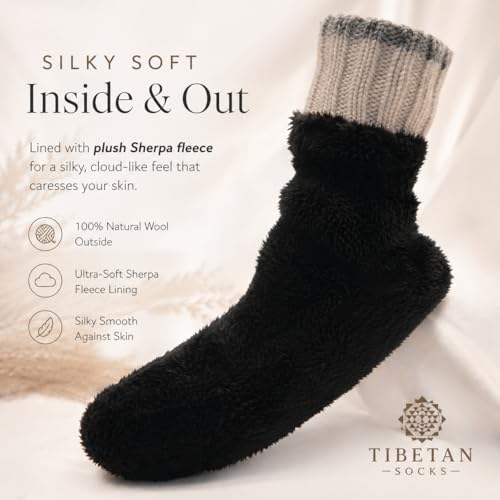 Image of Tibetan Socks Wool Hand Knit Fleece Lined Mid Bootie Slipper Sock Non Slip Sole