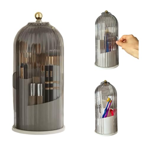 Covered Toothbrush Holder, 5*10.62 In, Waterproof and Dust-Free 360° Rotating Base, Easy to Use,Covered Toothbrush Holder also Applies to Makeup Brush Organizer, Office Supplies Finishing(Gray)