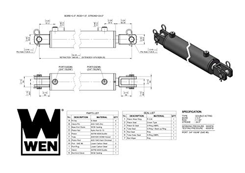Image of WEN CC3024 Clevis Hydraulic Cylinder with 3-inch Bore and 24-inch Stroke