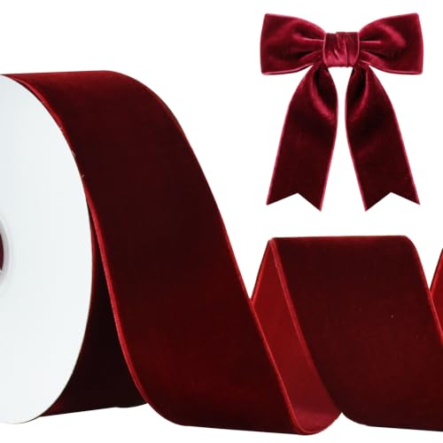 TONIFUL Burgundy Velvet Ribbon 2 Inch x 10yds, Vintage Velvet Ribbons, for Christmas Wreath Decoration Handmade Craft Ornaments Gift Wrapping & Bow Making, Valentine's Day Wedding Bouquet Packaging