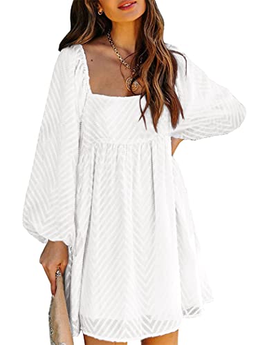 Hotouch Women Short Chiffon Dress Flowy Ruffle Hem Dress Long Sleeve Babydoll Dress Square Neck Loose Dresses(White Xl) #TOP22