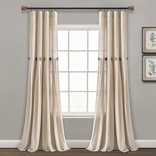 Lush Decor Linen Button Window Curtain Panel, Single, 40" W x 95" L, Dark Linen- Country Curtains - Rustic Decor - Color Block - Modern Farmhouse Curtains