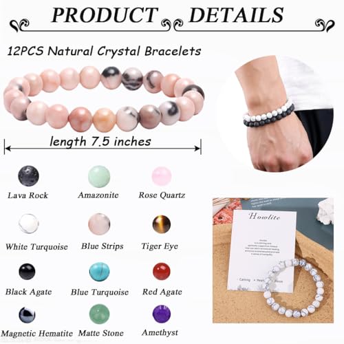 MOZAKA 12PCS Natural Crystal Bracelets for Women Men - 8mm Semi-Precious Gemstone Beaded Bracelets, Crystal Stretch Round Beads Bracelets Unisex Jewelry Gift3