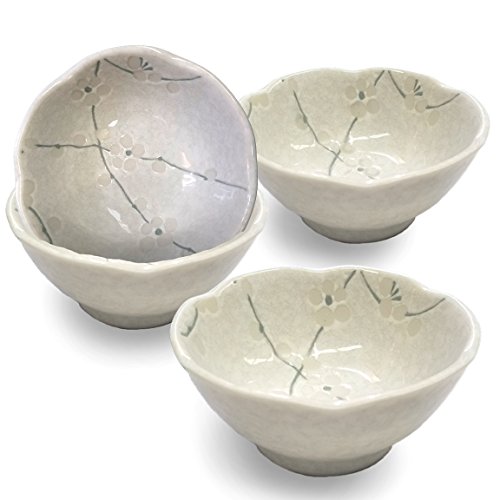 Happy Sales HSDB-WHCH4R, Set of 4 pc Japanese Soy Sauce Dipping Bowls, Sauce Dish, White Cherry Blossom