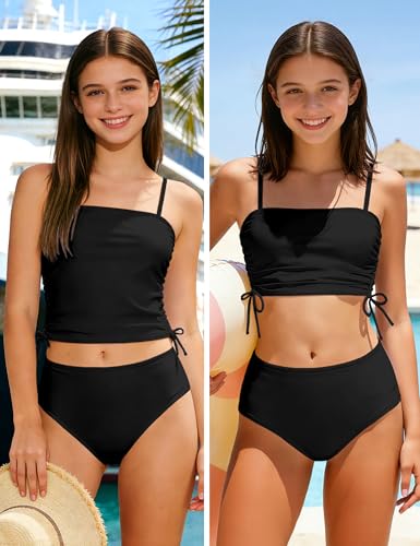 Image of Girls Tankini Swimsuits Tropical Print Bathing Suit Two Piece Girls' Swimwear with Tie Side Knot 9-16T