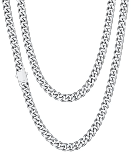 Fiusem 5mm Silver Tone Chains for Men, 14K Silver Plated Cuban Link Chain Necklace for Men and Women, Stainless Steel Necklaces 20 Inch