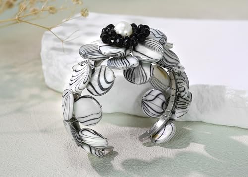 AeraVida Zebra Painted Mother of Pearl Shell Cluster Flower Cuff Bracelet | Adjustable Black and White Cuff Bracelet for Women4