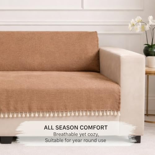 Image of STITCHNEST Jute Sofa Cover - Brown, 24x60 Inch | Soft Textured Fabric with Tassel| Full Coverage Sofa for Living Room Decor