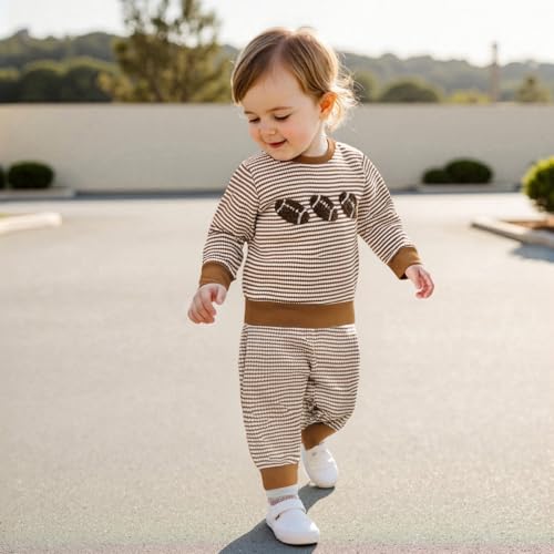 Karuedoo Toddler Baby Boy Girl Football Outfit Rugby Embroidery Stripe Long Sleeve Waffle Knit Sweatshirt and Pants Set3