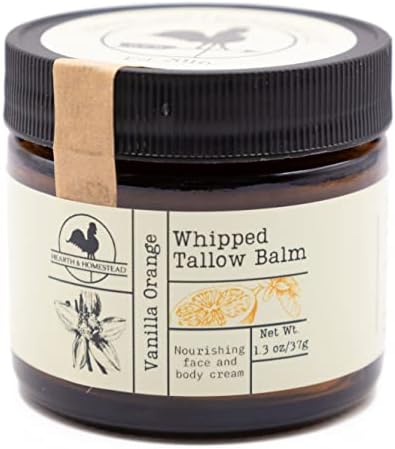Hearth and Homestead: Handmade Whipped Tallow Balm (Vanilla Orange) - Organic Body Butter with Infused Olive Oil, for Eczema, Rosacea, Baby - 1.3 oz