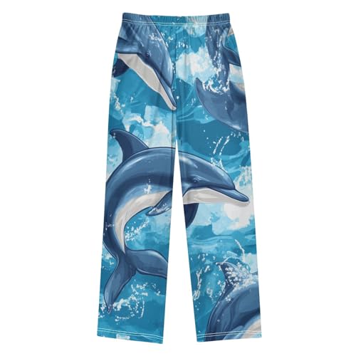 Dolphin Sea Wave Boys Long Pants Soft Trousers Elastic Waist Kids Lounge Bottoms with Pockets S-XL2