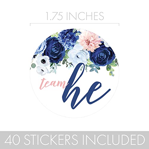 Navy and Blush Floral Gender Reveal Party -Team He or Team She - 40 Stickers - Thumbnail 3