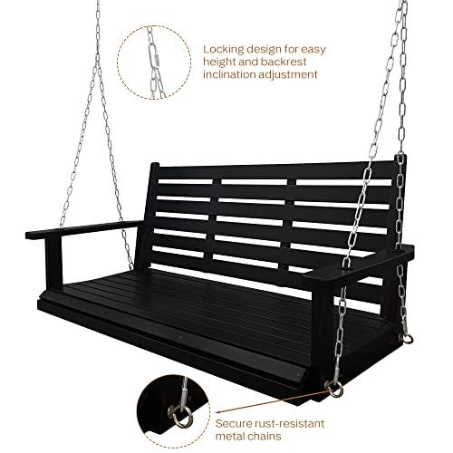 Wooden Porch Swing 2-Seater, Ergonomic Seat, Bench Swing With Hanging Chains And 7Mm Springs, Heavy Duty 800 Lbs, For Outdoor Patio Garden Yard (Black) #TOP5
