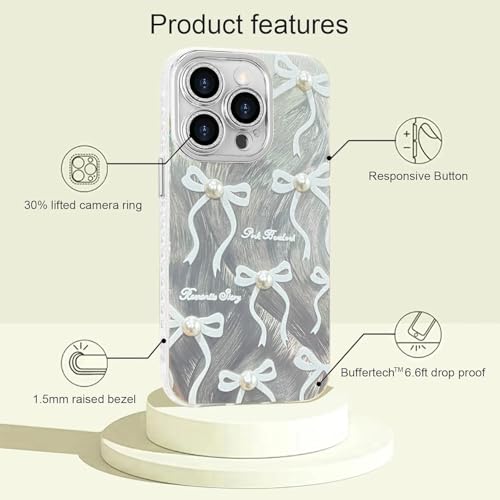 Image of VONZEE Compatible with iPhone 15 Pro 6.1'' Case Luxury Pink Girly Cute 3D Bow Pearl Glitter Bling Case with Full Camera Protection Shockproof PC+TPU Glossy Shiny Cover for Girls Women, Silver