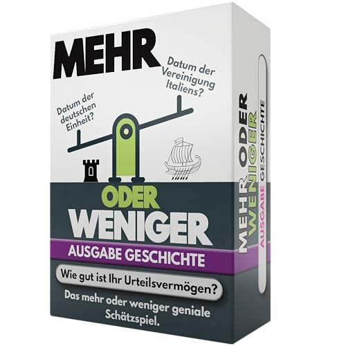 Mehr Oder Weniger Kartenspiel | Ausgabe Geschichte | Wie gut ist Ihr Urteilsvermögen? Spiel für Erwachsene, Famile & Kinder | 2+ Spieler | Familienspiel | Reisespiel