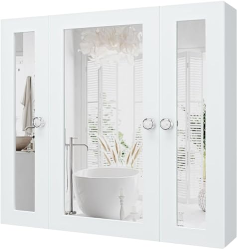 BUBFUL Bathroom Mirror Cabinet Wall Mounted Medicine Pharmacy Cabinets with 3 Doors, Waterproof PVC White Color