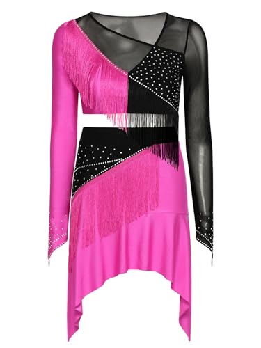 Robe de danse latine rose vif bicolore à manches longues et franges