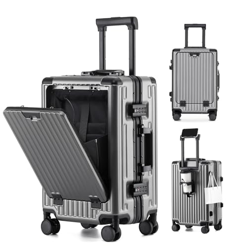 20 Inch Aluminium Frame Carry On Luggage Airline Approved With laptop compartment, Zipperless Hard Shell Travel Suitcase with TSA Approved Cup Holder USB Port Holder for Women Men,Grey