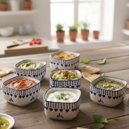 Image of Blue and White Ceramic Dip Bowls Set of 6, Square Shape, Decorative Pattern, for Appetizers, Sauces, Condiments, Snacks