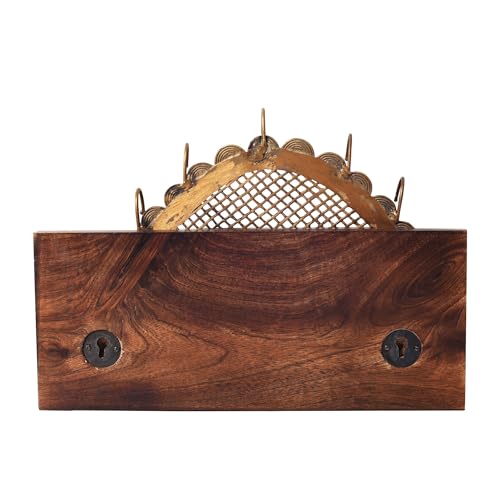 Image of AAKRITI ART CREATIONS Golden Leaf Brass Key Holder, Dhokra Art Teak Wood Wall Hanging Panel Set of 1, Brown Wall Decor Key Holder | Matte Finish Wooden Wall | Decor for Entryway, Living Room, Office