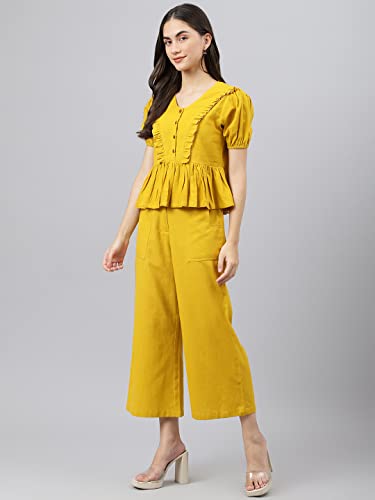 Image of DEEBACO Women's Solid Calf Length Top with Trouser|V-Neck|Short Sleeve|Cord Set for Women Cotton|Jumpsuits Western Dress for Women Stylish|Two Piece Co ord Set|Party Casual Wear(Aqua Blue)