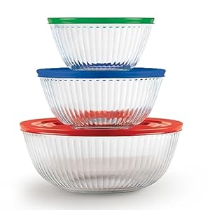 Pyrex Sculpted (3-Pack) Glass Mixing Bowls Set With Lids For Prepping, Baking and Cooking, Preheated Oven, Dishwasher, Freezer, and Microwave Safe
