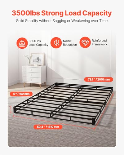 Image of VEVOR Box Spring, Queen Size Bed Frame with Washable Fabric Cloth, Heavy Duty Metal Frame for Queen Bed, 4 in Mattress Foundation, 3500 lbs Max Weight Capacity, Easy Assembly, 79.1 L x 59.4 W x 4 H in