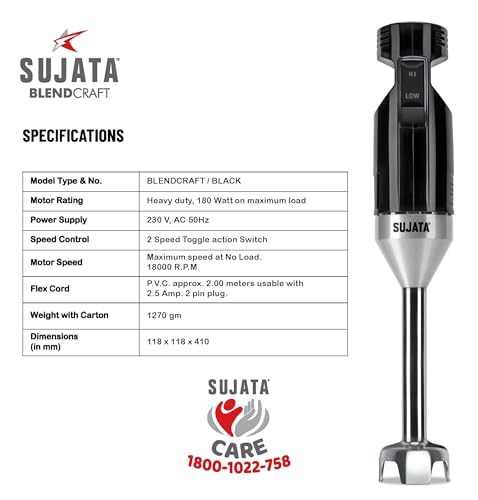 Image of Sujata Blendcraft Hand Blender|180 Watts Motor|18000 RPM|2 Speed Toggle Action Switch|Super Quick Blending| (Black)