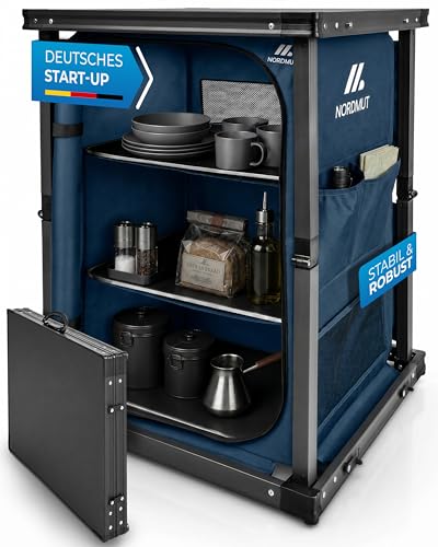NORDMUT Campingschrank faltbar stabile Campingküche mit geräumigen Innenleben leichtes Camping Regal klappbar für einfachen Transport (Marine)