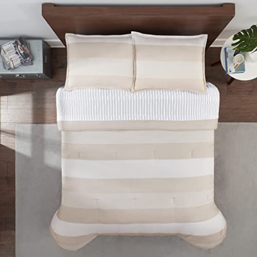 Serta Simply Clean Billy Soft 7 Piece Stripe Bed In A Bag Complete Bedding Comforter Set With Sheets And Pillow Cases For All Season, Queen, Natural #TOP1
