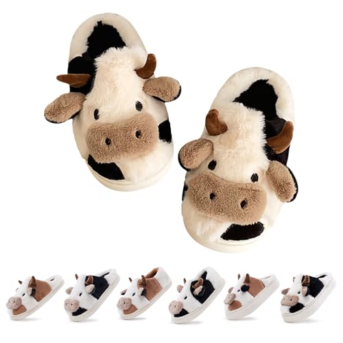 Cow Slippers for Women,Cartoon Animal Fuzzy Slippers,Winter Warm Women's House Slippers,Anti-Slip Indoor Outdoor for Man Wrap Heel