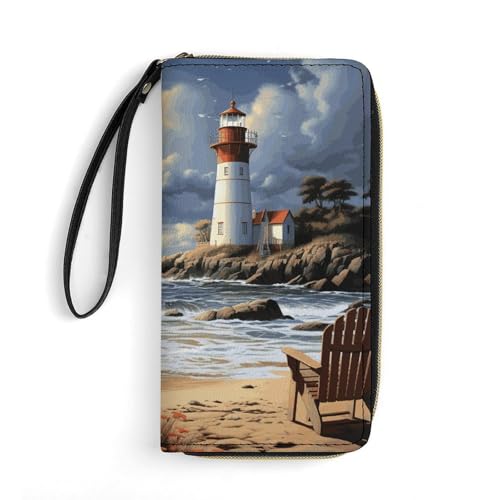 Portefeuille en cuir imprimé phare de mer compact et durable pour cartes et billets