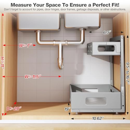 Image of 2 Pack 19IN-Depth Under Sink Organizer,Pull Out Cabinet Organizer With Smooth Cylindrical Rail,Metal Slide Out Drawer for Kitchen Bathroom Laundry,8-Level Tool Free Height Adjustable-Gun Gray
