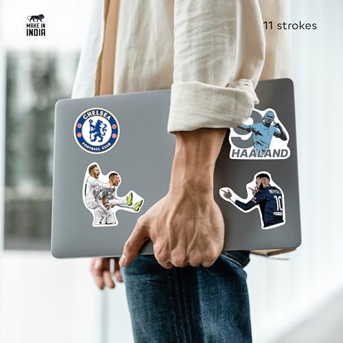 Image of 11 Strokes Stickers Set of 100 Football Stickers for Kids & Adults | Laptop Stickers Aesthetic Soccer Stickers Set | Laptop Sticker | Messi, Ronaldo, Real Madrid, Barcelona Gifts | Fun Football
