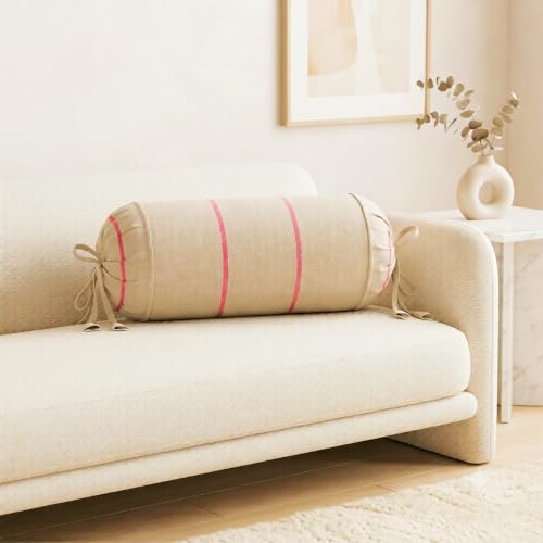 Image of SAJAVAT HOME 100% Cotton Striped Bolster Cover Pack of 2 15x30 | Textured Round Side Pillow Covers for Sofa, Bed & Diwan | Soft Breathable Bolster Pillow Covers | Beige with Red Pinstripe