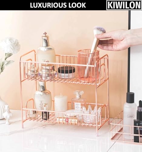 Image of 2 Tier Golden Countertop Organizer for Bathroom Kitchen Rack Organiser with Plastic Marble Look Plastic Tray Cosmetic Storage Shelf (Rose Gold, M)