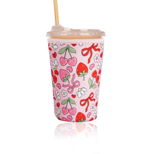 Image of Reusable Insulated Sleeve for Iced Coffee Cup, Coffee Neoprene Sleeve for Cold & Hot Drinks, Beverage Holder for Iced Coffee (Cherry Ribbons, Medium: 22-24oz)