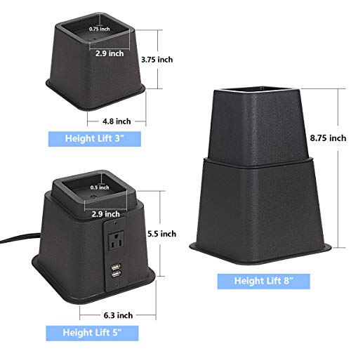 Butizone Bed Risers With Power Outlet And Usb Ports, Adjustable Heavy Duty Furniture Riser Bed Lifts In Heights Of 3, 5 Or 8 Inches For Bed, Sofa And Table, Supports Up To 1,500 Lbs Set Of 4, Black #TOP1