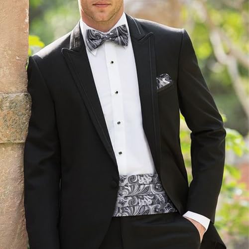 Image of Barry.Wang Men Silk Paisley Cummerbund and Pre-tied Bowtie Handkerchief Cufflink Set for Tuxedo