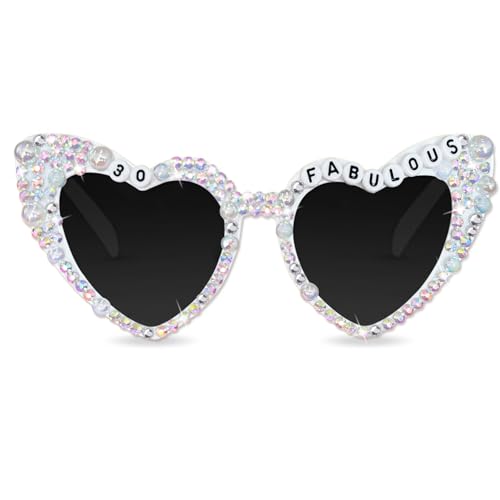 30th Birthday Glasses for Women - White 30 & Fabulous Shiny Diamond Pearl Sunglasses for Women 30th Birthday Party Supplies