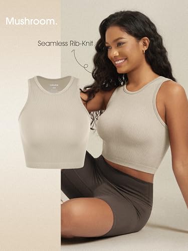 Image of ODODOS 3-Pack Seamless Crop Tank for Women Ribbed Soft High Neck Cropped Tops, Brunette+Clay+Mushroom, Medium /Large