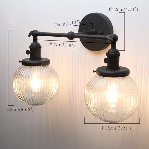 Image of PERMO 2 Lights Sconce Industrial Wall Sconce Lighting with Ribbed Globe Glass Lampshade Vintage Double Sconce Hardwired Wall Sconce with Switch